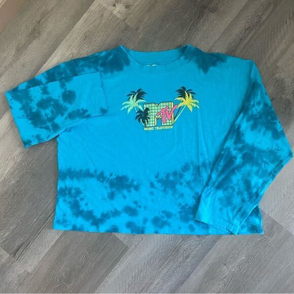 MTV Boxy Crop Top Blue Tie Dye Long Sleeve Plus XXL - Picture 4 of 11